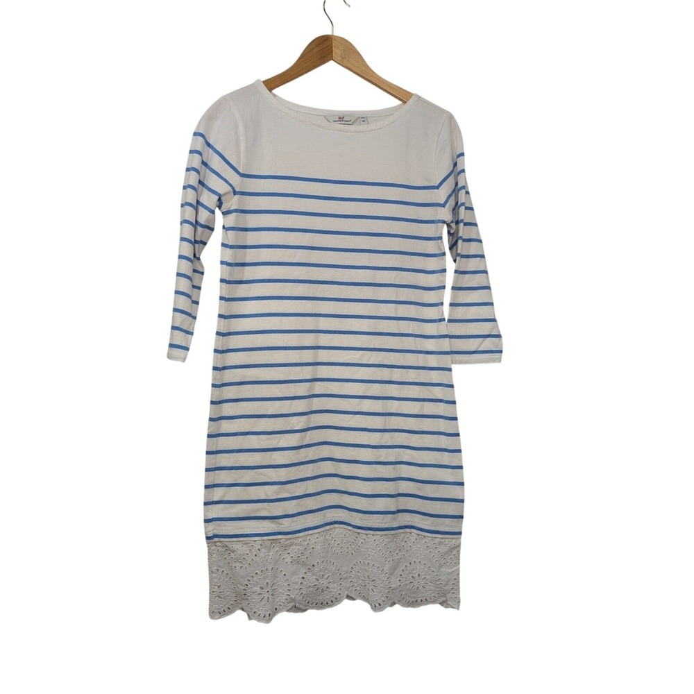 Vineyard Vines Women's Striped Dress Eyelet Lace Trim Blue White 100% Cotton XS - Picture 2 of 8